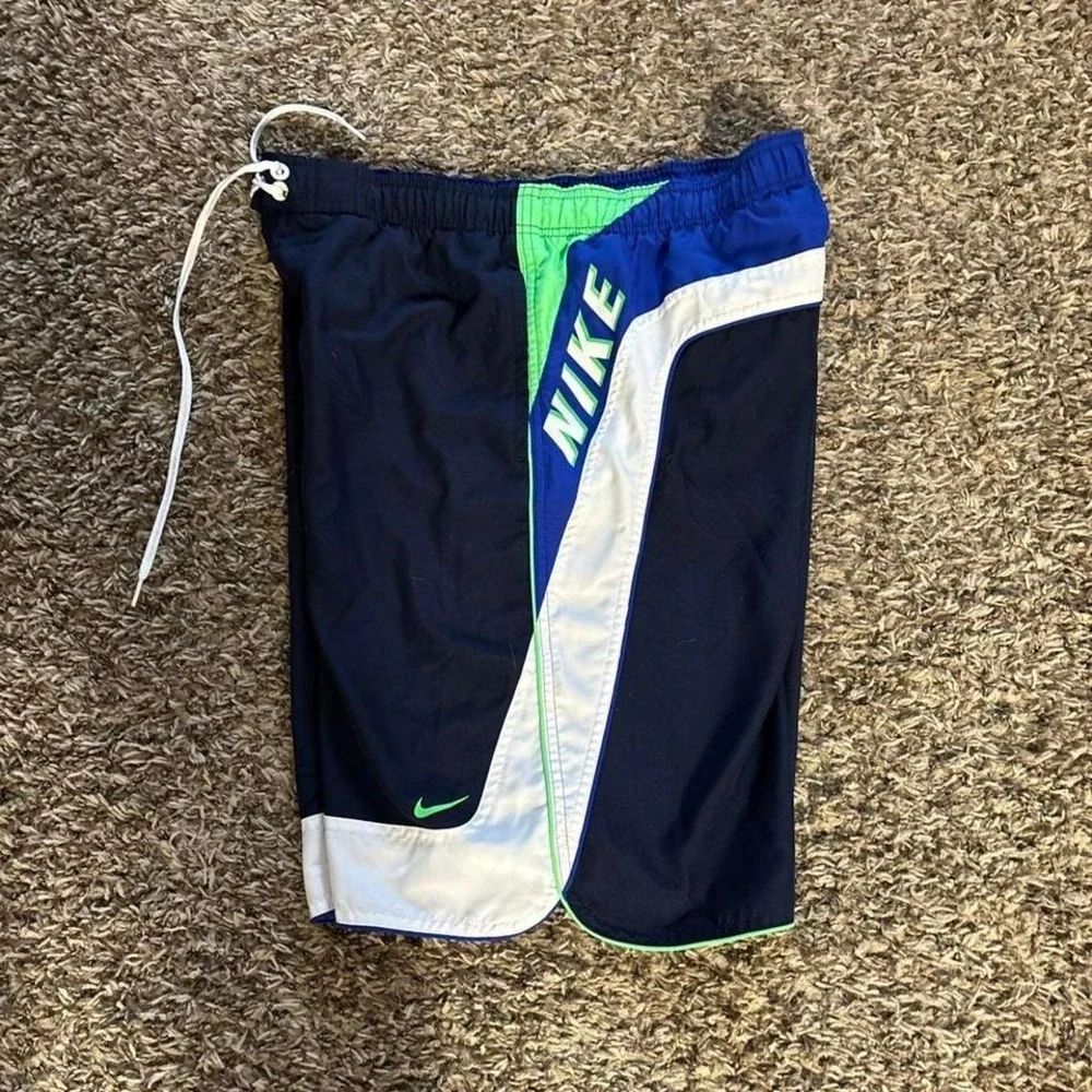 VINTAGE Nike Swim Trunks Mens Medium Blue Black Spell Swim TrunksY2K - Picture 5 of 7